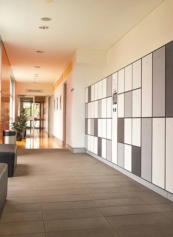 an university hallway with digital lockers